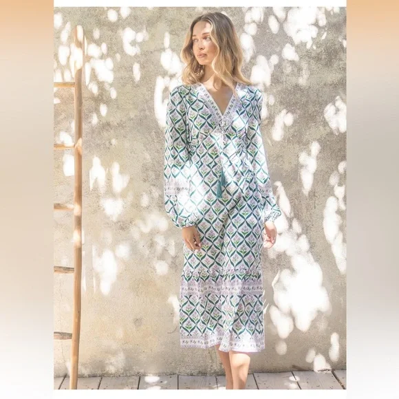 Sunny Spirit Maxi Boho Floral Print V Neck Flowy Tassel with Long Puff Sleeves. - Picture 1 of 16